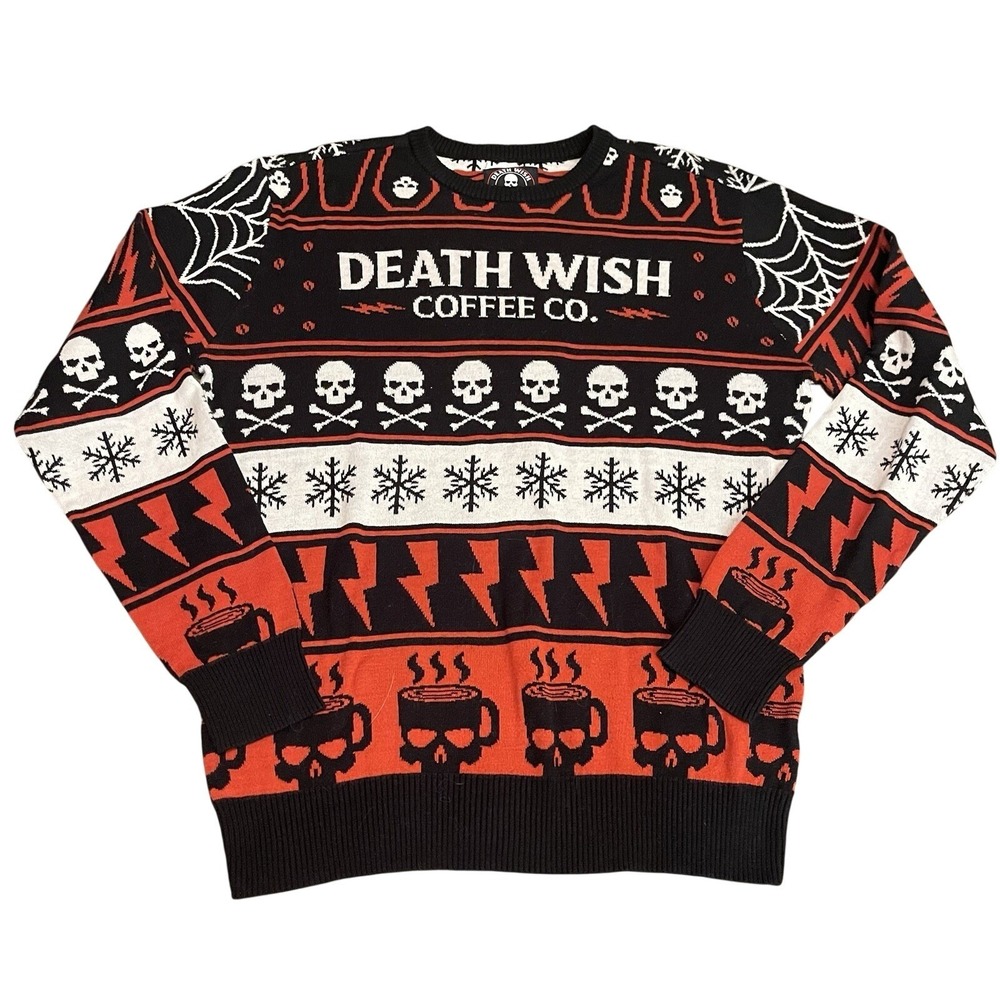 Death Wish Coffee Sweater Christmas Holiday Ugly Sweater Knit Size Med Mens Red